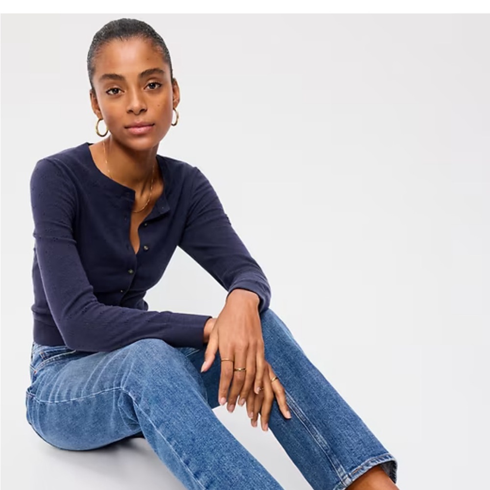 Old Navy Navy Pointelle Crewneck Cardigan